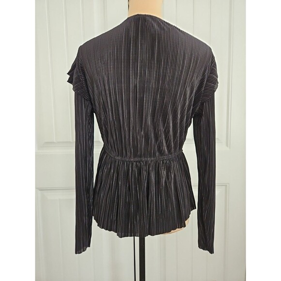 Zara black plisse ruffle top Sz M Keyhole Neck Long Sleeve Elastic Waist - Picture 5 of 9